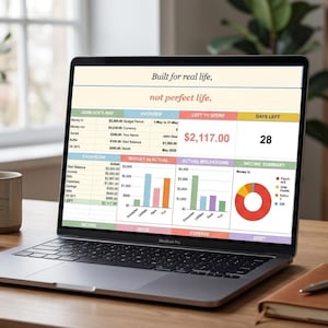 May include: A laptop displays a financial spreadsheet with the text "Built for real life, not perfect life." The screen shows budget details, charts, and the amount of $2,117.00. A coffee mug and notebook are on the wooden desk.