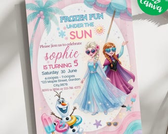 Zaproszenie na przyjęcie urodzinowe Frozen Fun Summer Party, zaproszenie na przyjęcie przy basenie dla księżniczki Elsy i Anny Olafa, szablon dla dziewczynki do natychmiastowego pobrania