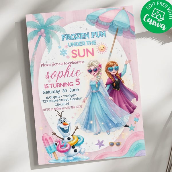 Frozen zomerfeest verjaardagskaart, zwembadfeest prinses Elsa Anna Olaf uitnodiging 2e 3e 4e 5e verjaardag meisje decoratie direct downloaden