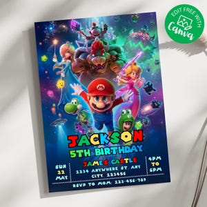 Könnte beinhalten: Eine farbenfrohe Geburtstagseinladung mit Mario und anderen Charakteren aus der Super Mario Bros. Franchise. Die Einladung enthält den Text "Jackson 5th Birthday" und Veranstaltungsdetails. Das Design hat einen Weltraum-Hintergrund.
