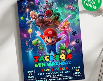 Faire-part d'anniversaire Super Mario Galaxy, invitation à une fête dans l'espace pour garçons, téléchargement immédiat, 5 x 7 pouces, modèle de toile modifiable