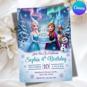 May include: A rectangular birthday invitation card featuring two animated characters holding a three-tiered blue cake, a reindeer, and a snowman. The text reads: Join Us To Celebrate Sophia 4th Birthday, December 10, 4 TO 6 PM, Madison's House 123 St., Any City 12345, RSVP TO: 123-456-789.
