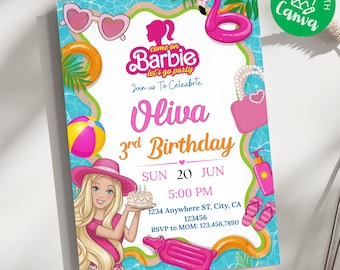 Pink Doll Birthday Invitation, Pool Party Invitation, Pink Fashion Doll Theme Girl's Birthday Invitation, Girls Pool Party, Editable Canva