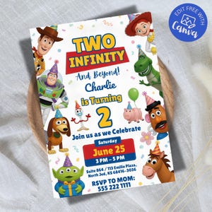Convite de aniversário editável "Dois ao infinito e além" | Convite para festa Toy Story, Convite para 2º aniversário | Convites digitais de aniversário infantil no Canva