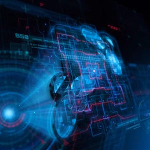 May include: Abstract digital art with a futuristic theme. The image features a complex network of blue and red lines, circles, and data displays, creating a high-tech, sci-fi aesthetic. The overall color palette is dominated by shades of blue.