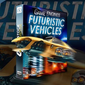 May include: A digital product box for Game Engines Futuristic Vehicles featuring a yellow sci-fi car in motion against a dark blue background. The box displays the text Game Engines Futuristic Vehicles, Hi-Res Audio, 96k, 24 bit, and WAV.