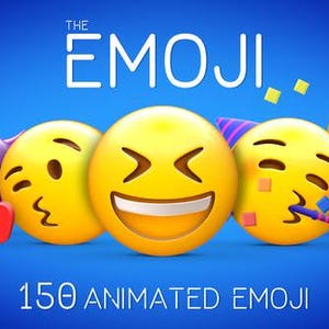 Può includere: Sfondo blu con il testo "THE EMOJI" e "150 ANIMATED EMOJI". L'immagine presenta una fila di emoji animati, tra cui un diavolo viola, una faccia che fa l'occhiolino, una faccia che ride, una faccia da festa e una faccia di gatto che piange.