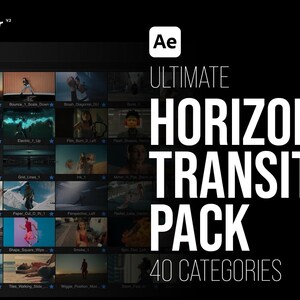 Puede incluir: Una pantalla negra muestra una interfaz de software con miniaturas de vídeo y el texto "ULTIMATE HORIZONTAL TRANSITIONS PACK" en blanco. La interfaz está etiquetada como "Premium Builder" y enumera 40 categorías.