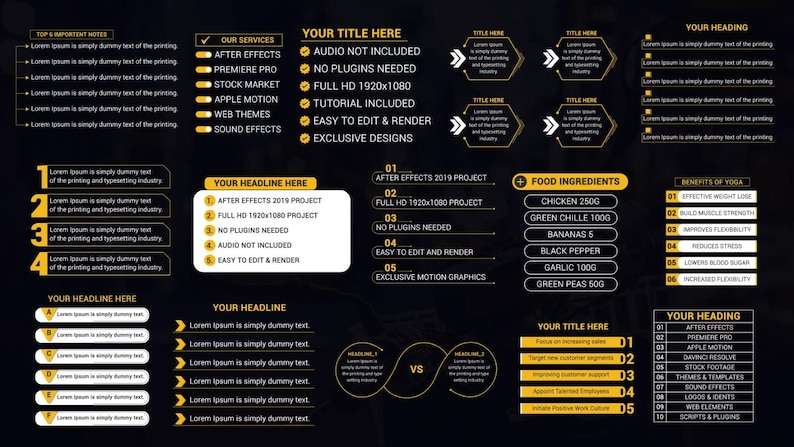 Puede incluir: Gr&aacute;fico oscuro con texto y elementos de dise&ntilde;o para edici&oacute;n de video. Incluye "After Effects", "Premiere Pro" y "Full HD 1920x1080". Enumera "Ingredientes alimenticios" y "Beneficios del yoga".