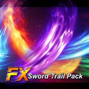 May include: A digital graphic featuring vibrant, swirling light trails in blue, orange, purple, and green colors against a dark background. The text FX Sword Trail Pack is displayed in the lower portion in a bold, stylized font.