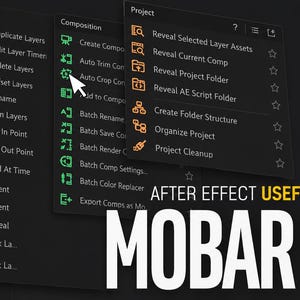 Puede incluir: Una interfaz oscura muestra menús y opciones para After Effects, con el texto "MOBAR PRO" en amarillo. La imagen incluye el texto "AFTER EFFECT USEFUL EXTENSION" y el logotipo de Adobe After Effects.