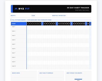 30 Day Habit Tracker Printable PDF | Daily Habit Journal | Fitness Habit Planner | Monthly Goals | Digital Download
