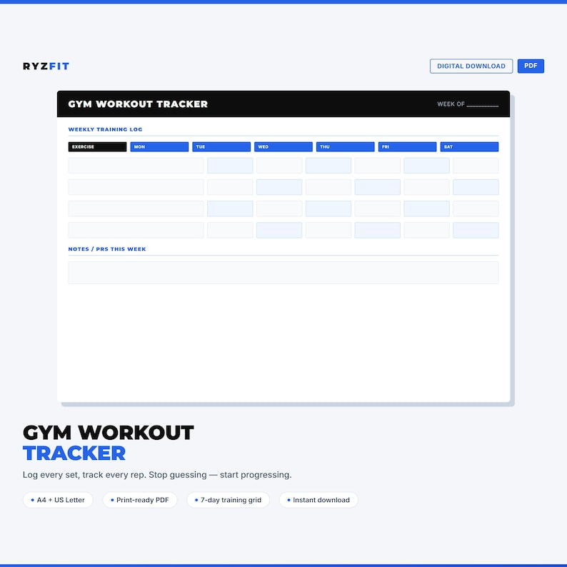 Gym Workout Tracker Printable PDF | Weekly Fitness Journal | Weight Training Log | A4 US Letter Digital Download image 2