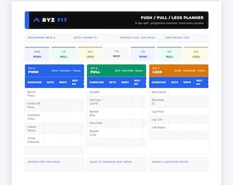 Push Pull Legs Workout Planner Printable PDF | PPL Training Log | 6 Day Gym Split Tracker | Digital Download