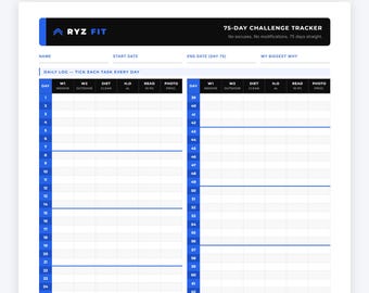 75 Day Challenge Tracker Printable PDF | 75 Hard Tracker | Daily Fitness Log | Challenge Journal | Digital Download