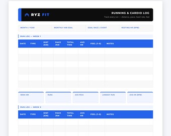 Running Log Printable PDF | Cardio Tracker | Marathon Training Journal | Distance Pace Heart Rate | Digital Download