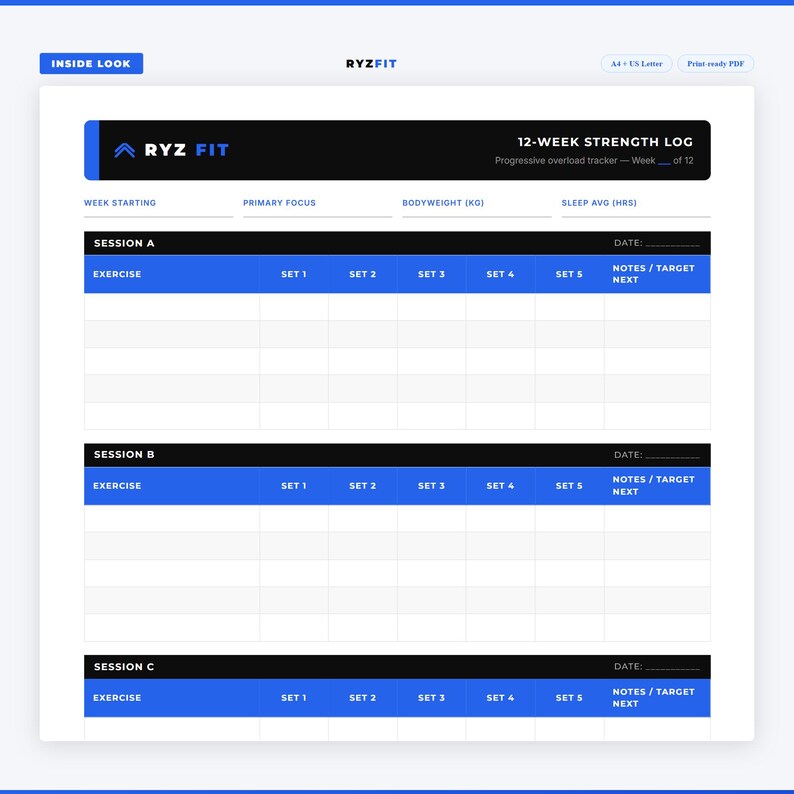12 Week Strength Training Log Printable PDF | Progressive Overload Tracker | Weightlifting Journal | Digital Download image 1