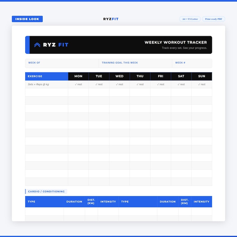 Gym Workout Tracker Printable PDF | Weekly Fitness Journal | Weight Training Log | A4 US Letter Digital Download image 1