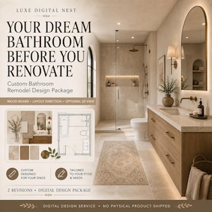 Puede incluir: Un paquete de diseño digital para una reforma de baño que incluye un mood board, plano de planta y una representación de un baño con mueble de madera, espejo arqueado, ducha de cristal y azulejos neutros. Texto: LUXE DIGITAL NEST y YOUR DREAM BATHROOM.