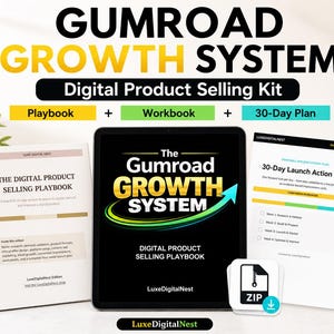 May include: The Gumroad Growth System digital product selling kit includes a spiral-bound playbook, a tablet displaying the title, a 30-day launch action plan document, and a ZIP file icon. The text reads Gumroad Growth System Digital Product Selling Kit.