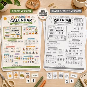May include: Two classroom calendar and morning board kits, one in full color and one in black and white. Each sheet features the text CLASSROOM CALENDAR & MORNING BOARD MEGA KIT, with sections for days, months, weather, and clothing icons.
