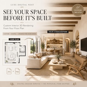 May include: A digital design service advertisement featuring a 3D interior rendering of a living room and kitchen area next to a 2D floor plan. Text includes LUXE DIGITAL NEST, SEE YOUR SPACE BEFORE IT'S BUILT, CUSTOM INTERIOR 3D RENDERING, and JPG + PNG.