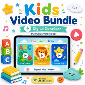 Puede incluir: Un gráfico de producto digital titulado Kids Video Bundle que muestra una tableta con tres miniaturas de videos educativos con un dinosaurio verde, un león y una estrella amarilla. El diseño incluye bloques de alfabeto, libros y un lápiz.
