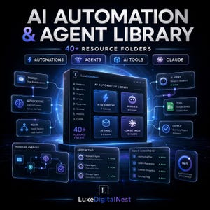 Könnte beinhalten: Eine digitale Grafik mit dem Titel AI AUTOMATION & AGENT LIBRARY mit 40+ RESOURCE FOLDERS. Die zentrale Benutzeroberfläche zeigt Kategorien für KI-Automatisierungen, Agenten, KI-Tools und Claude-Fähigkeiten, umgeben von Workflow-Diagrammen.
