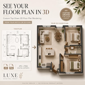 May include: A digital service offering custom top-down 3D floor plan renderings from 2D sketches. The image displays a 2D black and white floor plan next to a corresponding 3D color rendering of a home layout, including furniture, JPG and PNG exports.