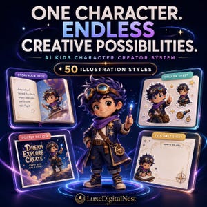 May include: A digital product display titled ONE CHARACTER. ENDLESS CREATIVE POSSIBILITIES. AI KIDS CHARACTER CREATOR SYSTEM featuring 50 ILLUSTRATION STYLES. It shows a central character with goggles and a purple scarf, surrounded by a storybook page, sticker sheet, poster design, and printable sheet.
