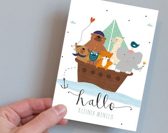 Ansichtkaart "Hallo klein mens" I voor de geboorte I geboortecadeau I gerecycled papier I ark I dieren