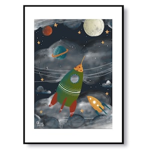Poster "Rakete im Weltall" I DIN A3 I Recycling Papier I Kinderzimmmerdeko I Weltraum