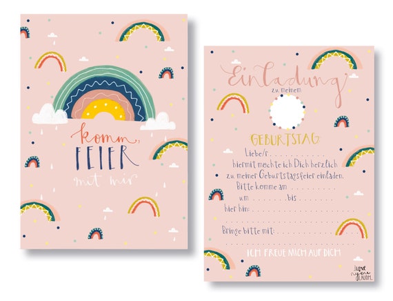12 Biglietti D'Invito Per Compleanno Bambini A Tema Arcobaleno Con Buste E Adesivi
