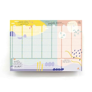 Könnte beinhalten: Ein farbenfroher Wochenplaner mit den Worten "FAMILIEN planer" und "UNSER perfekte WOCHE" im oberen Bereich. Der Planer hat ein Rasterlayout mit Wochentagen und dekorativen Elementen in Pastellfarben. Der untere Bereich enthält die Worte "mit Plan, STRUKTUR, Liebe" und "dran denken".