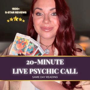 May include: A woman holding tarot cards, with text overlay: "20-MINUTE LIVE PSYCHIC CALL SAME DAY READING." The image also includes "1500+ 5-STAR REVIEWS" and five gold stars.