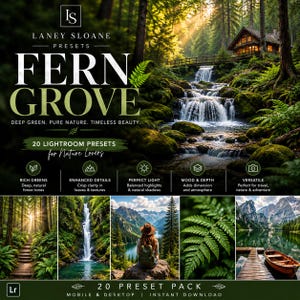 Puede incluir: Un anuncio de producto digital para Laney Sloane Presets Fern Grove con una escena de cascada en el bosque, texto superpuesto y cinco imágenes de muestra que muestran un sendero forestal, cascada, paisaje montañoso, helecho y un bote en un lago.