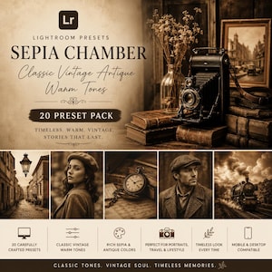 May include: A digital product advertisement for Lightroom presets titled Sepia Chamber. The graphic features a vintage camera, stacked books, and five sepia-toned photographs showing a street, a person, a pocket watch, a person, and a steam train.