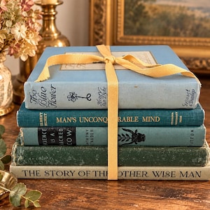 Vintage Blue & Teal Book Bundle of 5, Color Coordinated Decorative Books, Antique Book Stack, Eclectic Shelf Decor, Cottage Library Style