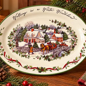 May include: An oval ceramic serving platter with a green rim, featuring a festive winter village scene with a horse-drawn sleigh, snow-covered houses, and a stone bridge. The text "Walking in a Winter Wonderland" is printed in black script.