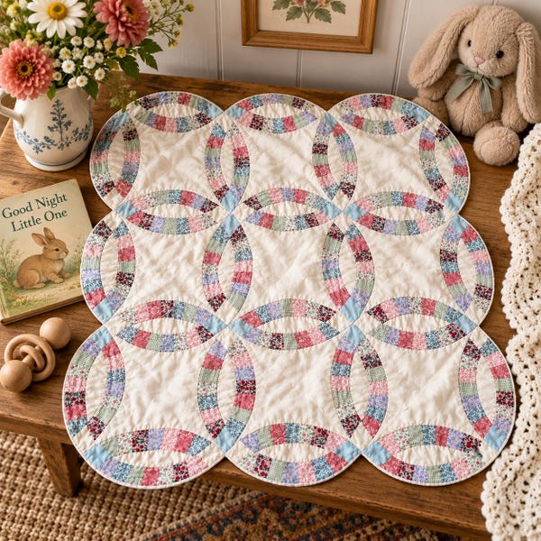 Vintage Handmade Baby Quilt, Hand-Pieced Double Wedding Ring, 35” x 35”