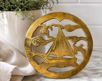 Vintage Hampton Brass Sailboat Trivet | Nautical Brass Hot Plate | Coastal Kitchen Decor | 7.5” Brass Trivet Made in India