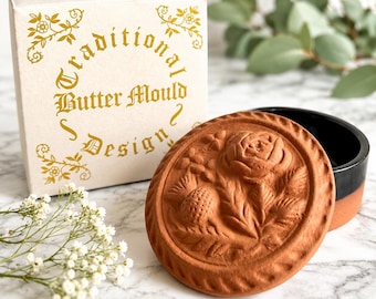 Vintage Terracotta Butter Mould with Rose Thistle Design | Cottagecore Trinket Dish (Original Box)