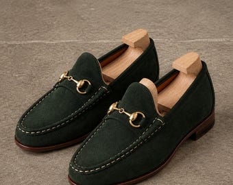 Men’s dark green suede horsebit loafers, handmade leather slip on wedding dress shoes