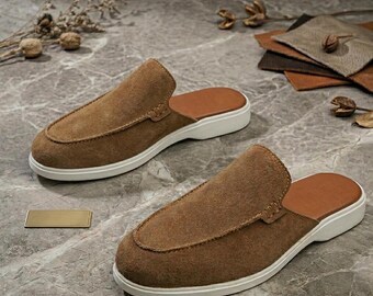 Men's Leather Mules Backless Handmade Loafers  Slip-On Casual Shoes  Lightweight Driving Moccasins  Luxury Everyday Footwear