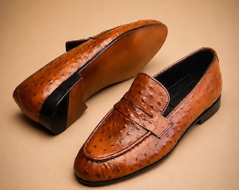 Mocassins Penny pour homme en cuir d'autruche, chaussures de mariage faites main, cadeau pour lui