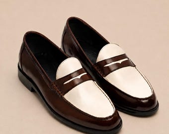 Handgjorda Penny Loafers för män Bruna & Krämfärgade Läderloafers Klassiska Slip On Finskor, Äkta Läder Bröllopsskor Formella Mockasiner