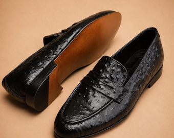 Handmade Men's Penny Loafers - Ostrich Leather Slip-On Wedding Shoes Gift for Him