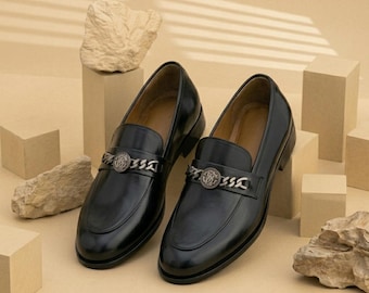 Men's Handmade Leather Loafers – Chain Detail Slip-On Dress Shoes for Office, Wedding