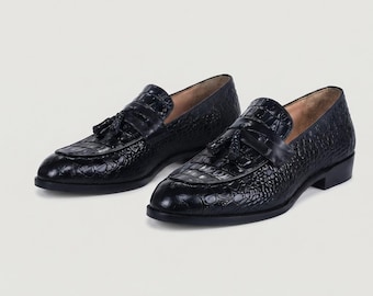 Men’s Leather Tassel Loafers Black Crocodile Embossed  Handmade Luxury Dress Shoes, Formal Slip On Shoes for Men
