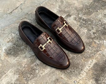 Men's Brown Leather Loafers, Croc Embossed Horsebit Slip On Shoes, Handmade Genuine Leather Dress Shoes, Gold Buckle Penny Loafers for Men